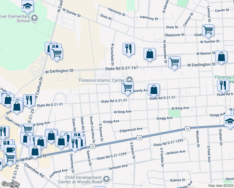map of restaurants, bars, coffee shops, grocery stores, and more near 1318 Waverly Avenue in Florence