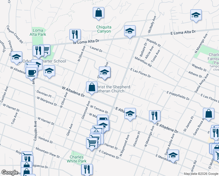 map of restaurants, bars, coffee shops, grocery stores, and more near 60 West Palm Street in Altadena