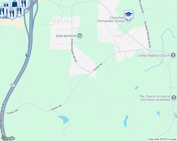 map of restaurants, bars, coffee shops, grocery stores, and more near 202 Smiley Ingram Road Southeast in Cartersville