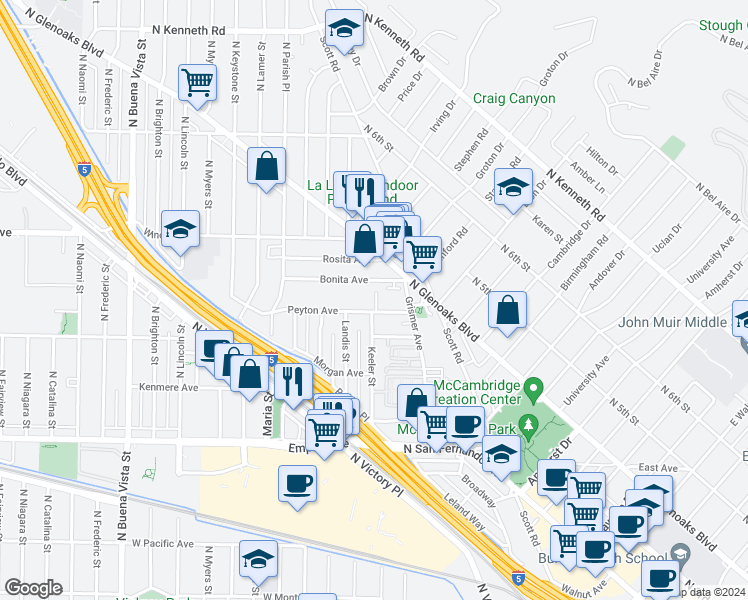 map of restaurants, bars, coffee shops, grocery stores, and more near 1737 Peyton Avenue in Burbank