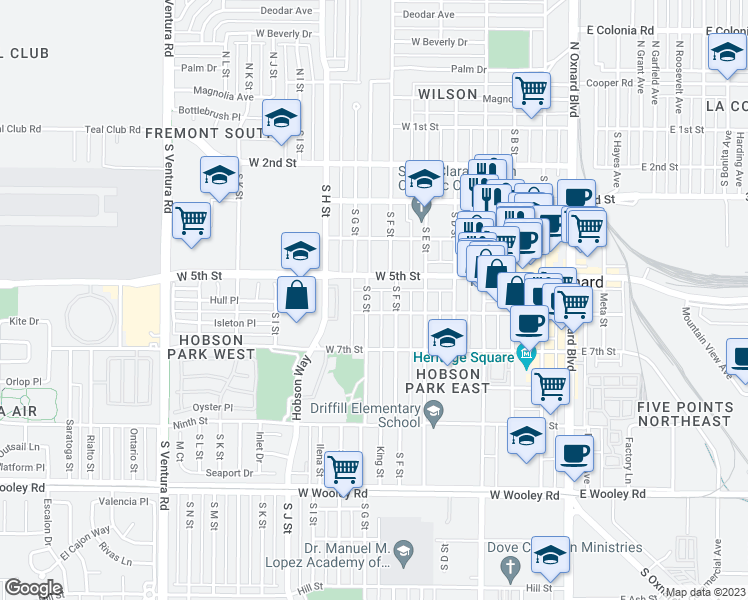 map of restaurants, bars, coffee shops, grocery stores, and more near 540 South G Street in Oxnard