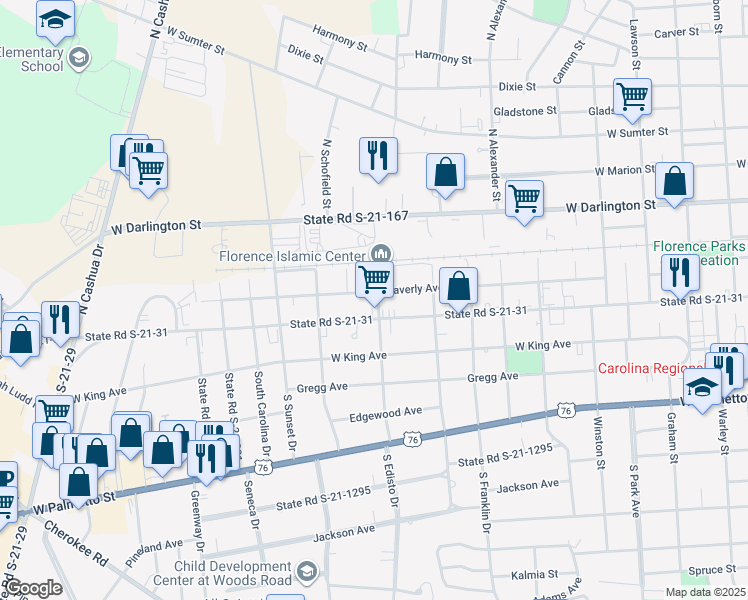 map of restaurants, bars, coffee shops, grocery stores, and more near 1300 Waverly Avenue in Florence