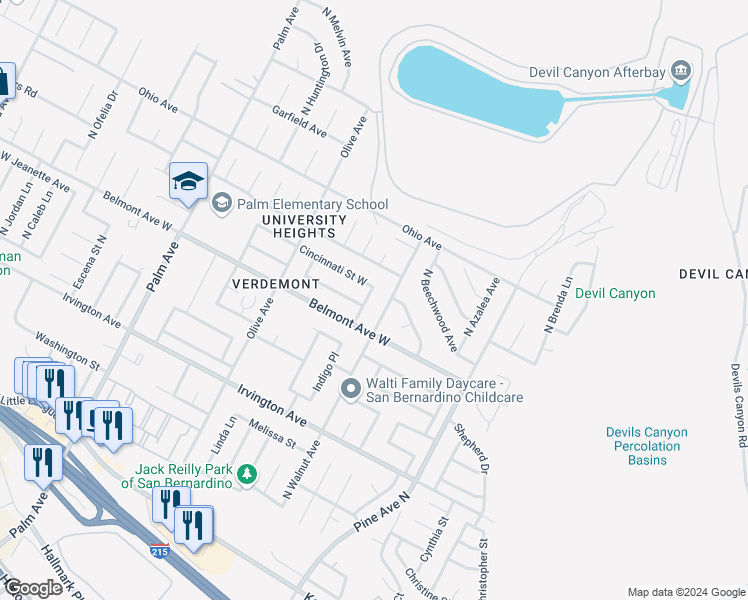 map of restaurants, bars, coffee shops, grocery stores, and more near 6365 Toledo Lane in San Bernardino
