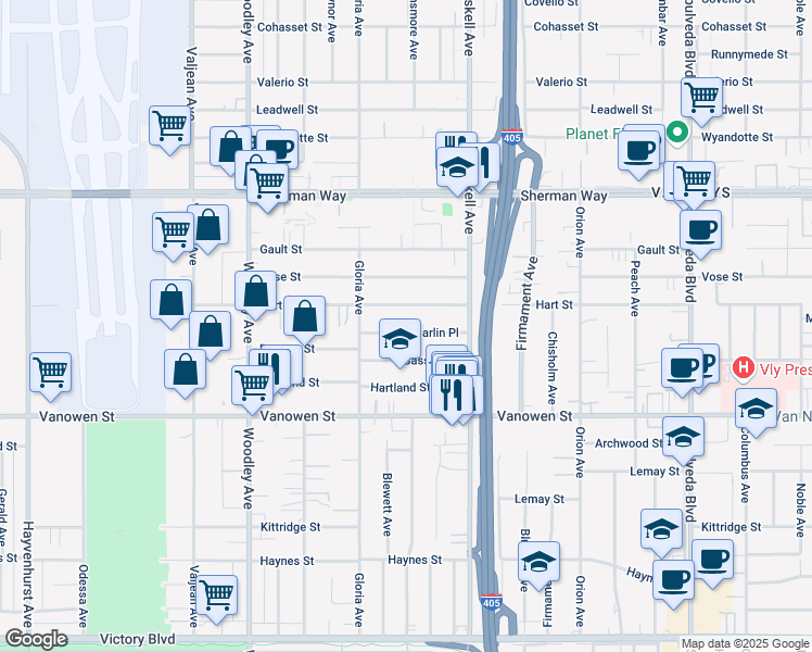 map of restaurants, bars, coffee shops, grocery stores, and more near 15811 Marlin Place in Los Angeles