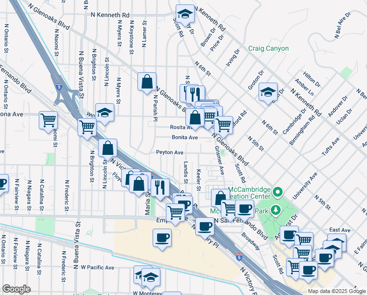 map of restaurants, bars, coffee shops, grocery stores, and more near 1901 Peyton Avenue in Burbank