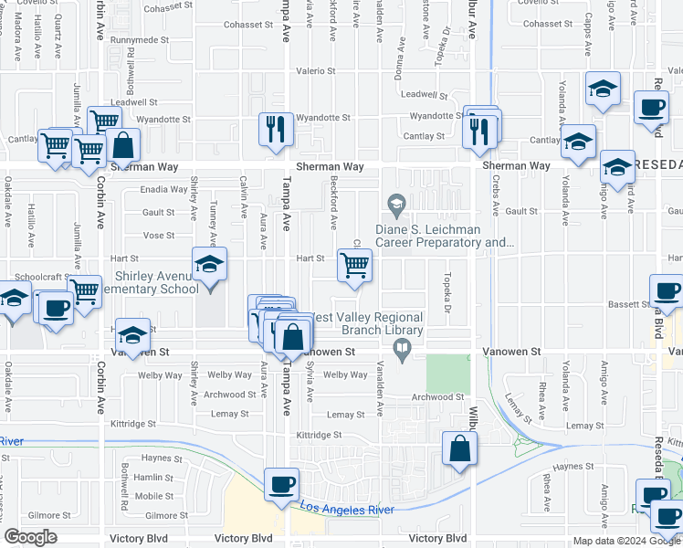 map of restaurants, bars, coffee shops, grocery stores, and more near 19155 Schoolcraft Street in Los Angeles