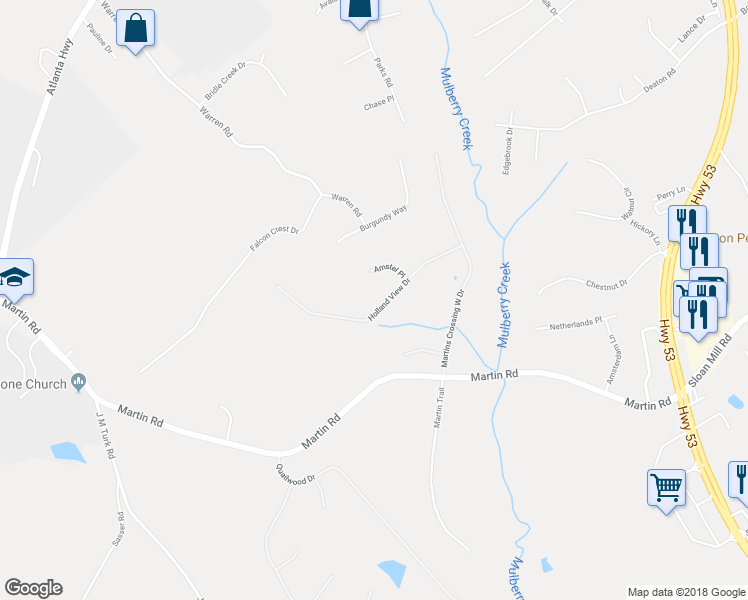 map of restaurants, bars, coffee shops, grocery stores, and more near 4922 Holland View Drive in Flowery Branch