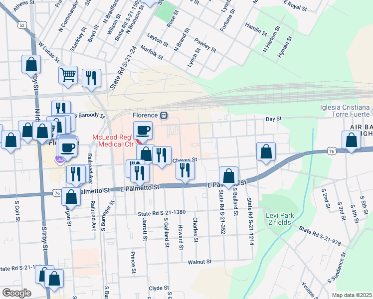 map of restaurants, bars, coffee shops, grocery stores, and more near 209B South Griffin Street in Florence