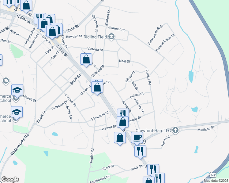 map of restaurants, bars, coffee shops, grocery stores, and more near 198 Spring Street in Commerce