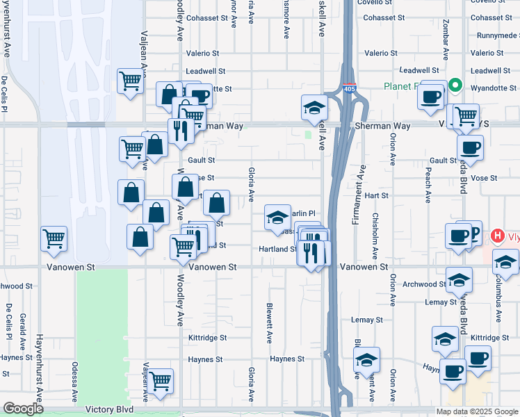 map of restaurants, bars, coffee shops, grocery stores, and more near 15847 Marlin Place in Los Angeles