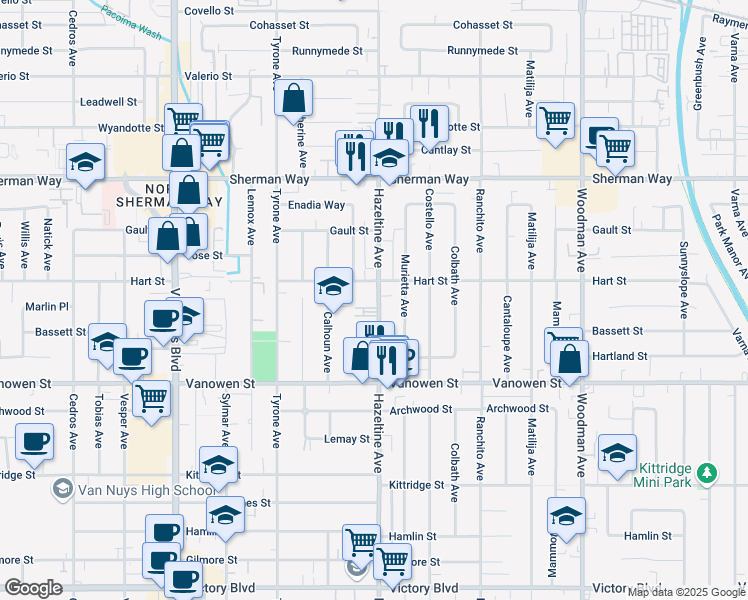 map of restaurants, bars, coffee shops, grocery stores, and more near 6939 Hazeltine Avenue in Los Angeles