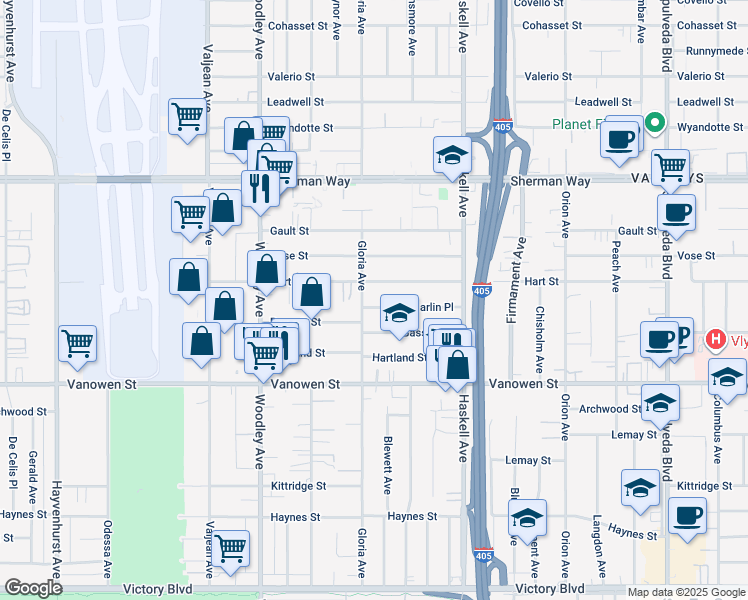 map of restaurants, bars, coffee shops, grocery stores, and more near 15847 Marlin Place in Los Angeles