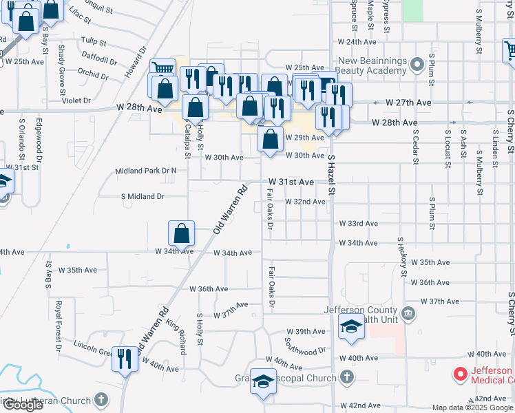 map of restaurants, bars, coffee shops, grocery stores, and more near 3200 South Fir Street in Pine Bluff