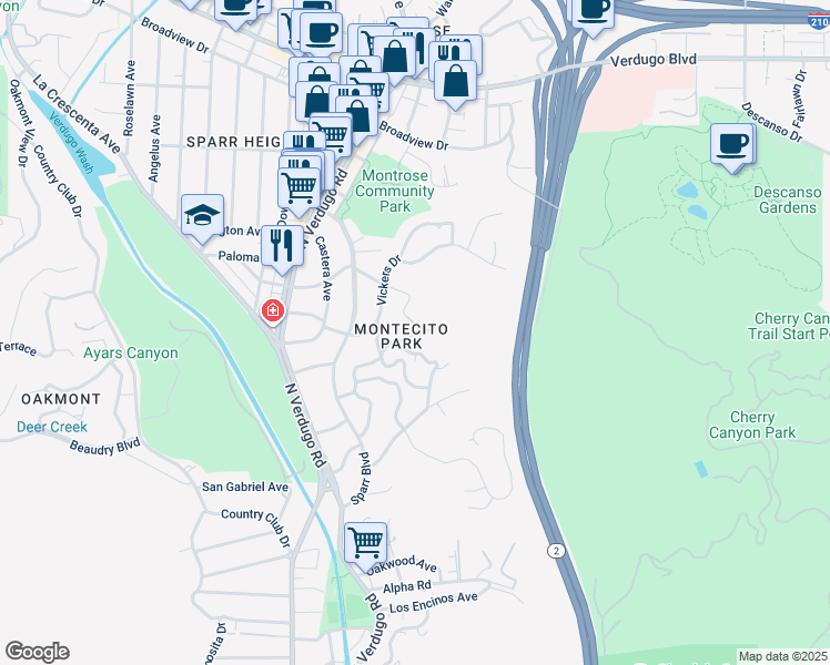 map of restaurants, bars, coffee shops, grocery stores, and more near 3226 Menlo Drive in Glendale
