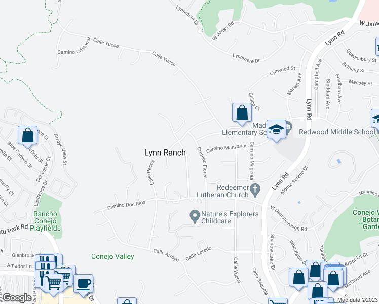 map of restaurants, bars, coffee shops, grocery stores, and more near 1096 Calle Las Trancas in Thousand Oaks