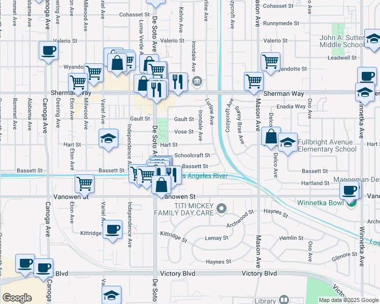 map of restaurants, bars, coffee shops, grocery stores, and more near 20743 Schoolcraft Street in Los Angeles