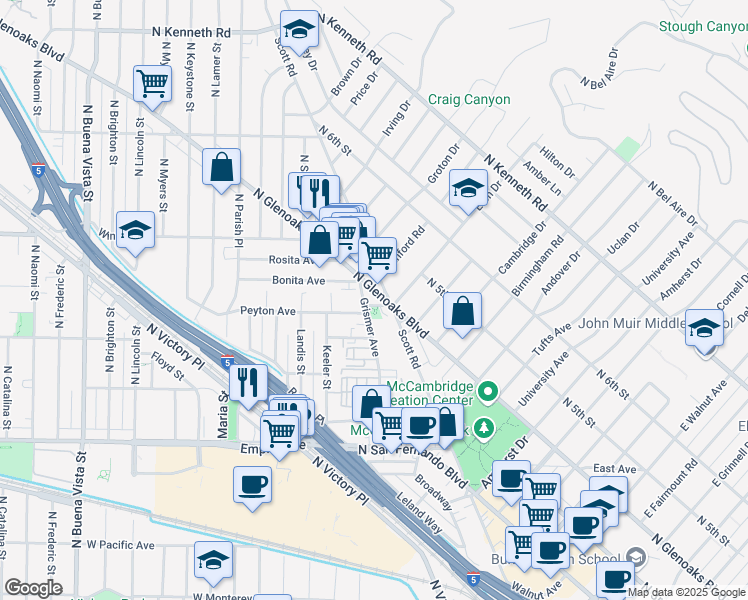 map of restaurants, bars, coffee shops, grocery stores, and more near 2005 North Glenoaks Boulevard in Burbank
