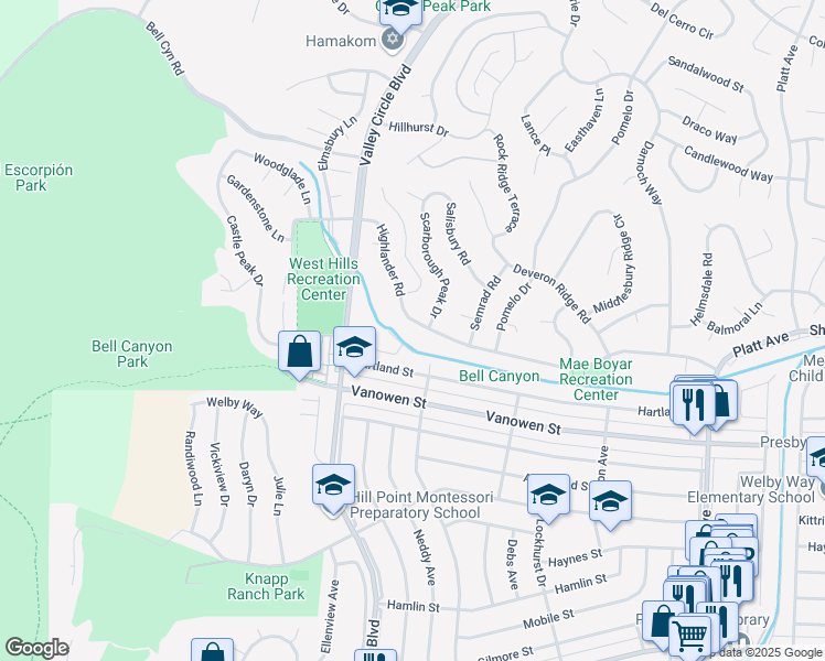 map of restaurants, bars, coffee shops, grocery stores, and more near 24258 Highlander Road in Los Angeles