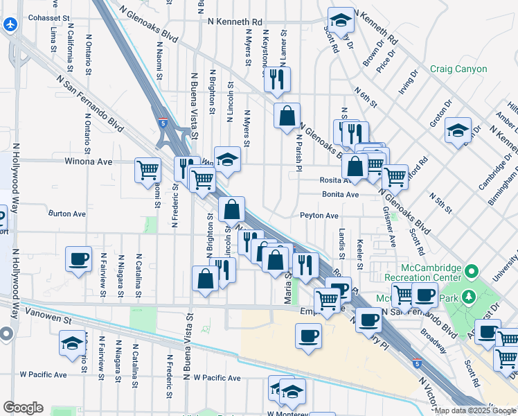 map of restaurants, bars, coffee shops, grocery stores, and more near 2318 Peyton Avenue in Burbank