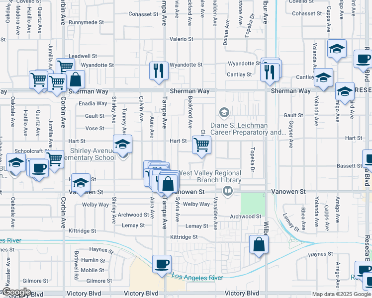 map of restaurants, bars, coffee shops, grocery stores, and more near 19211 Schoolcraft Street in Los Angeles