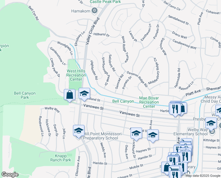 map of restaurants, bars, coffee shops, grocery stores, and more near 24223 Highlander Road in Los Angeles
