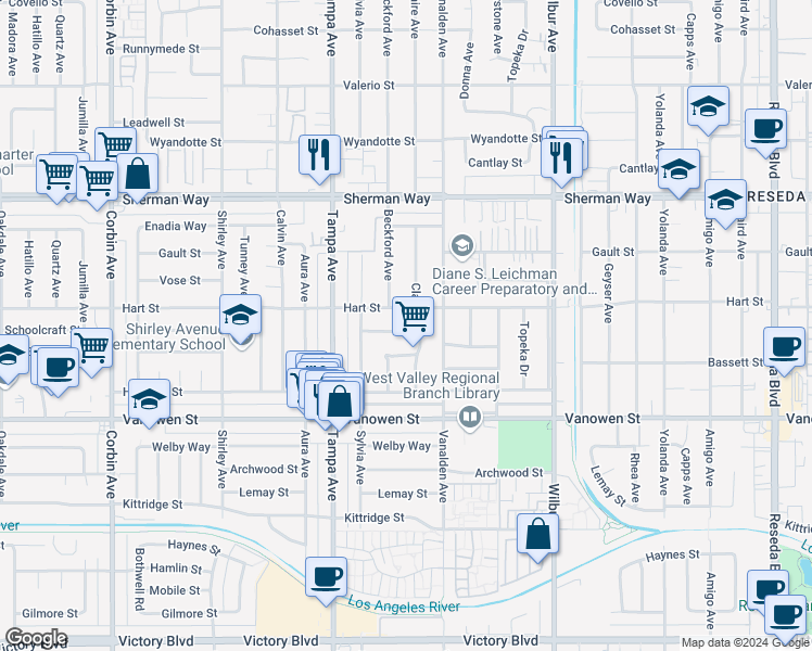 map of restaurants, bars, coffee shops, grocery stores, and more near 19143 Schoolcraft Street in Los Angeles