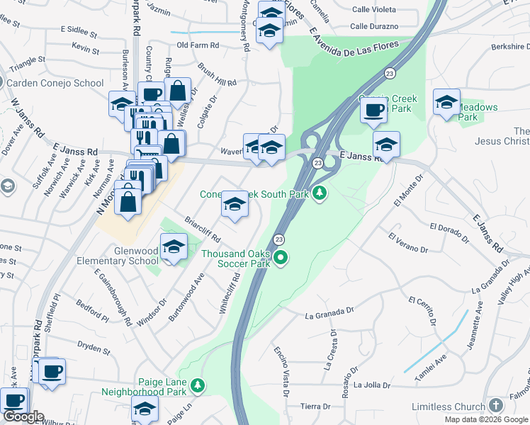 map of restaurants, bars, coffee shops, grocery stores, and more near 1390 Whitecliff Road in Thousand Oaks