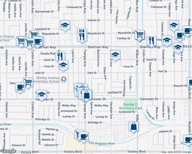 map of restaurants, bars, coffee shops, grocery stores, and more near 19211 Schoolcraft Street in Los Angeles