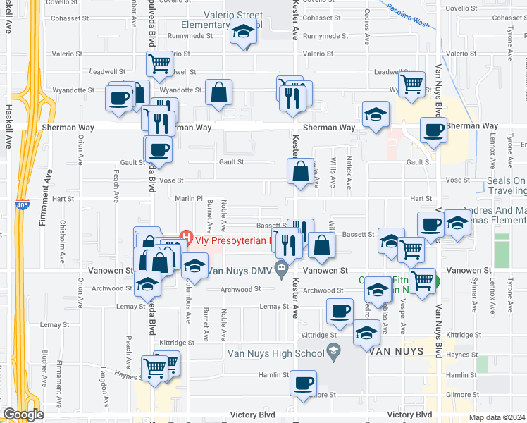 map of restaurants, bars, coffee shops, grocery stores, and more near 14958 Marlin Place in Los Angeles