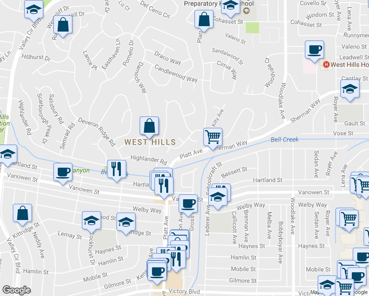 map of restaurants, bars, coffee shops, grocery stores, and more near 23600 Balmoral Lane in Los Angeles