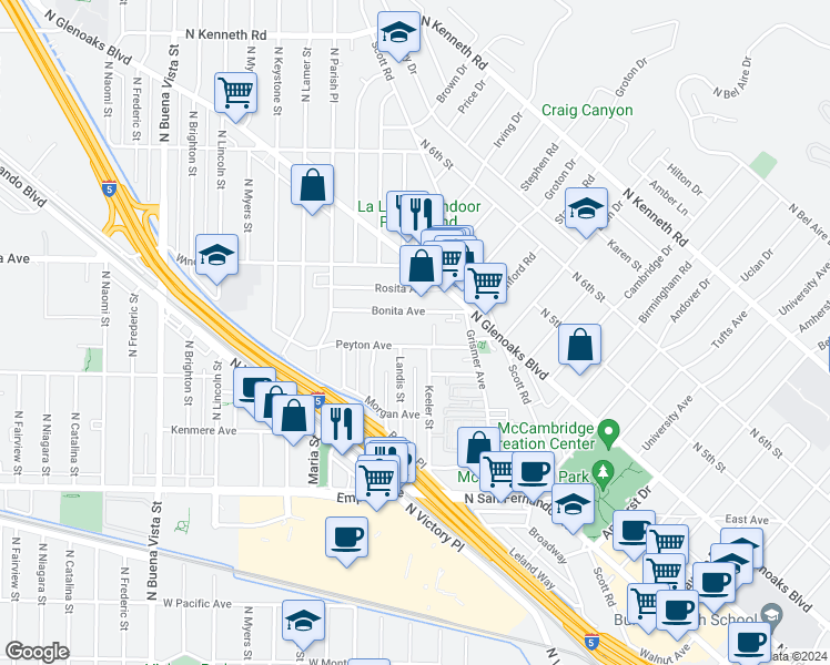 map of restaurants, bars, coffee shops, grocery stores, and more near 1737 Peyton Avenue in Burbank
