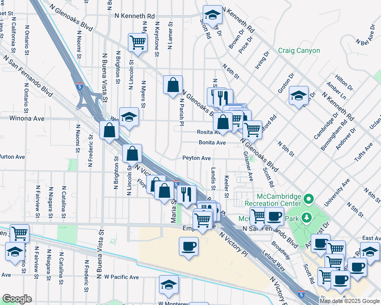 map of restaurants, bars, coffee shops, grocery stores, and more near 2021 Peyton Avenue in Burbank