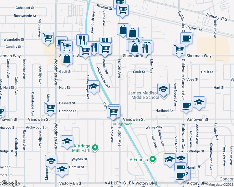 map of restaurants, bars, coffee shops, grocery stores, and more near 6940 Nagle Avenue in Los Angeles
