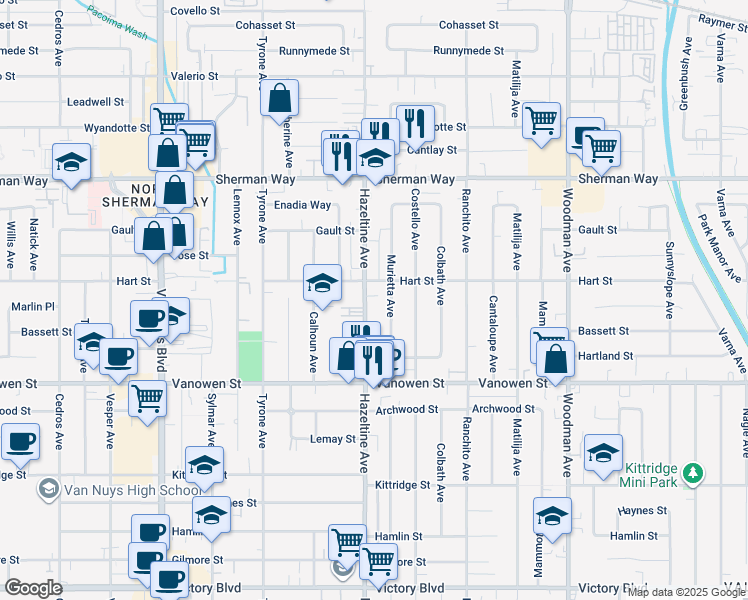 map of restaurants, bars, coffee shops, grocery stores, and more near 6939 Hazeltine Avenue in Los Angeles
