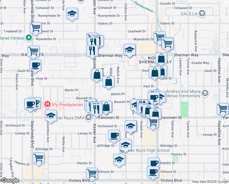 map of restaurants, bars, coffee shops, grocery stores, and more near 14755 Marlin Place in Los Angeles