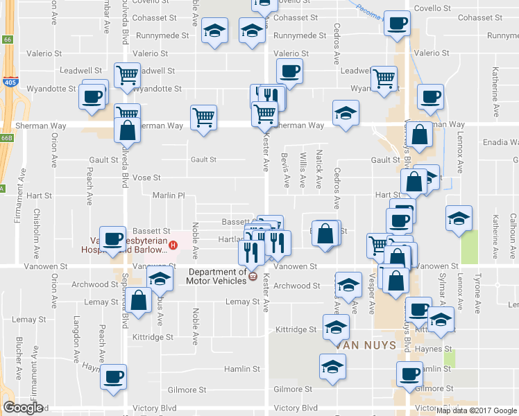 map of restaurants, bars, coffee shops, grocery stores, and more near 6943 Kester Avenue in Los Angeles