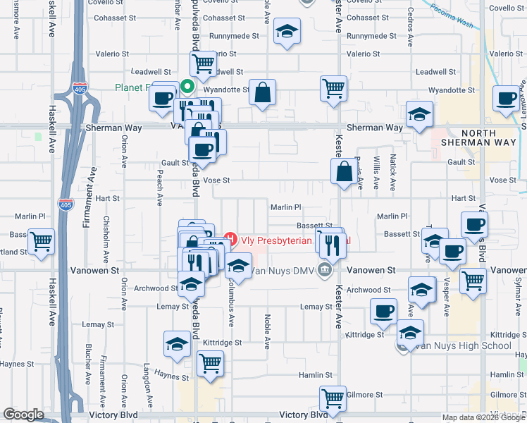 map of restaurants, bars, coffee shops, grocery stores, and more near 6944 Burnet Avenue in Los Angeles