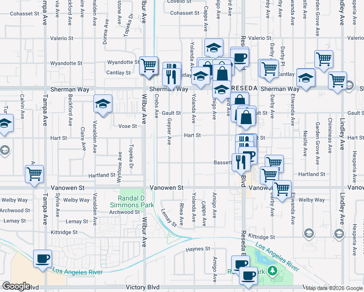 map of restaurants, bars, coffee shops, grocery stores, and more near 6943 Rhea Avenue in Los Angeles
