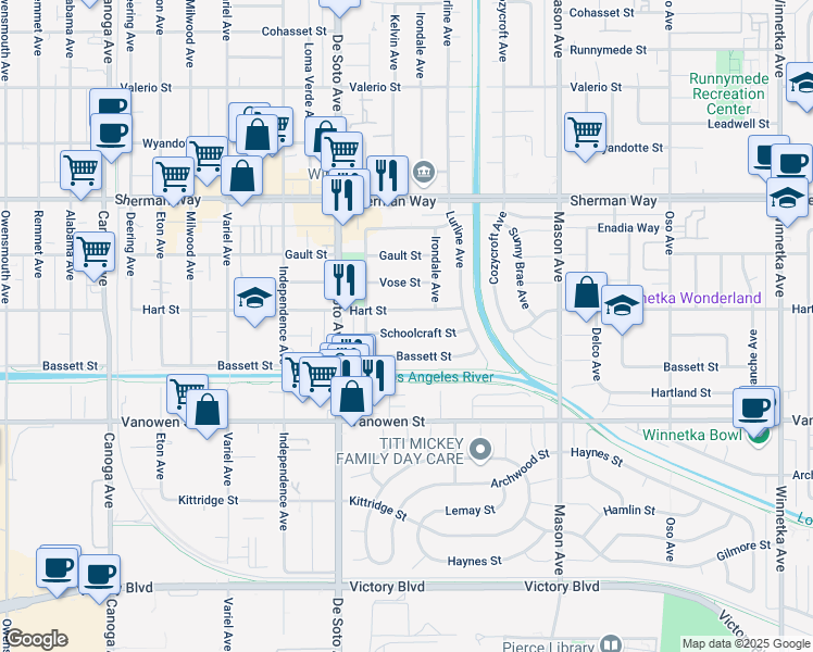 map of restaurants, bars, coffee shops, grocery stores, and more near 20743 Schoolcraft Street in Los Angeles