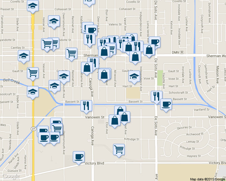 map of restaurants, bars, coffee shops, grocery stores, and more near 6933 Milwood Avenue in Los Angeles