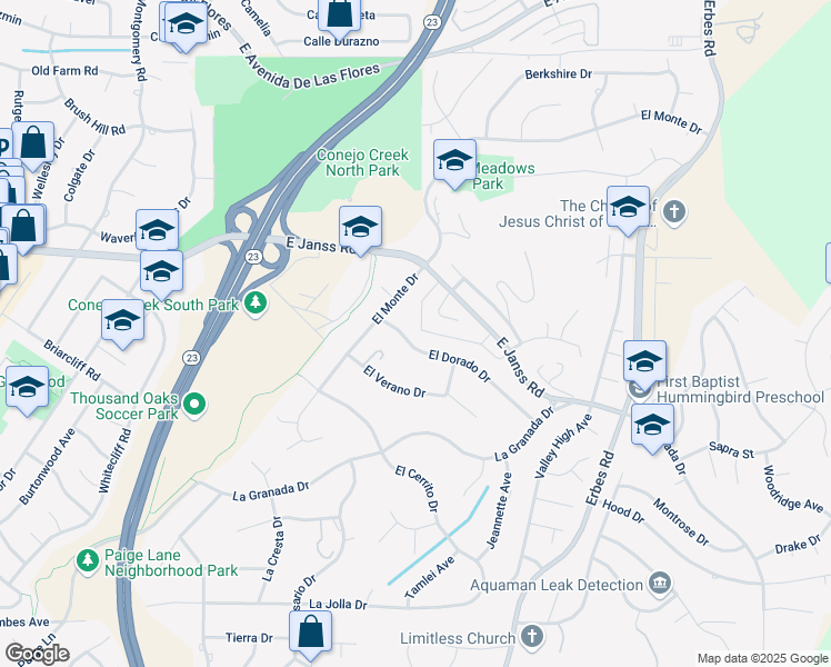 map of restaurants, bars, coffee shops, grocery stores, and more near 1543 El Dorado Drive in Thousand Oaks