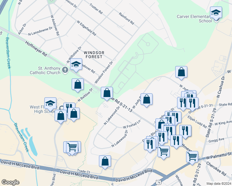 map of restaurants, bars, coffee shops, grocery stores, and more near 2441 Hoffmeyer Road in Florence