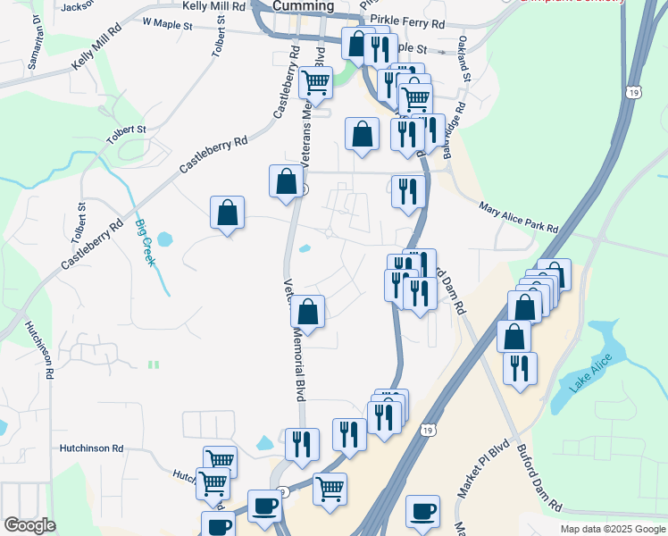 map of restaurants, bars, coffee shops, grocery stores, and more near 125 Basil Street in Cumming