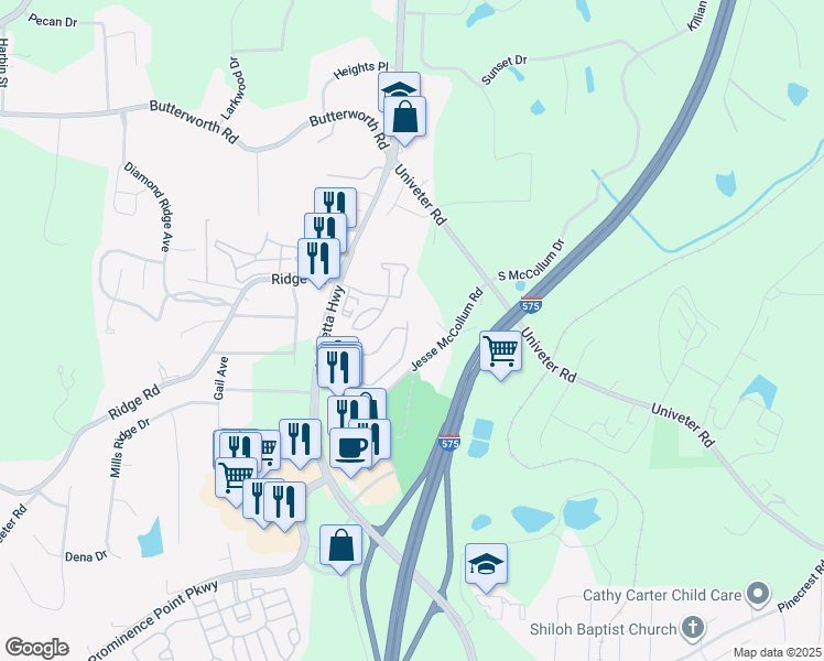 map of restaurants, bars, coffee shops, grocery stores, and more near 268 Cottonwood Creek Circle in Canton