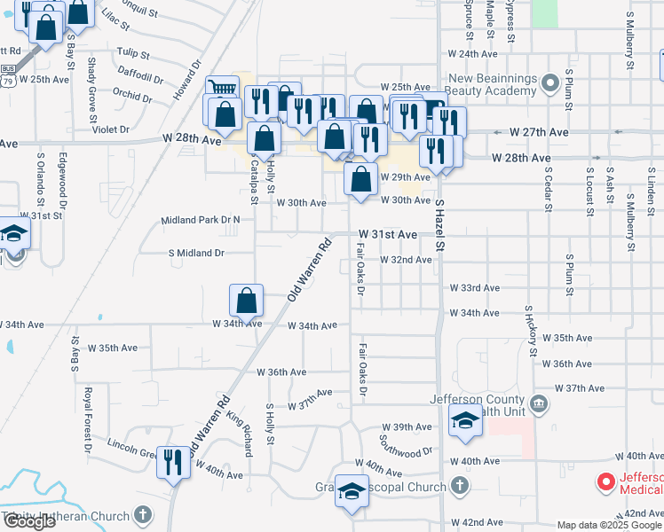 map of restaurants, bars, coffee shops, grocery stores, and more near 3200 South Fir Street in Pine Bluff