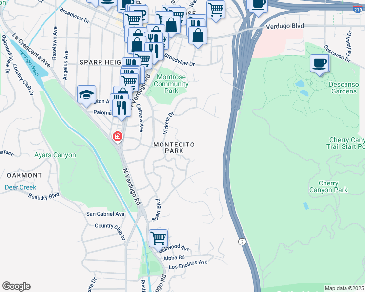 map of restaurants, bars, coffee shops, grocery stores, and more near 3226 Menlo Drive in Glendale