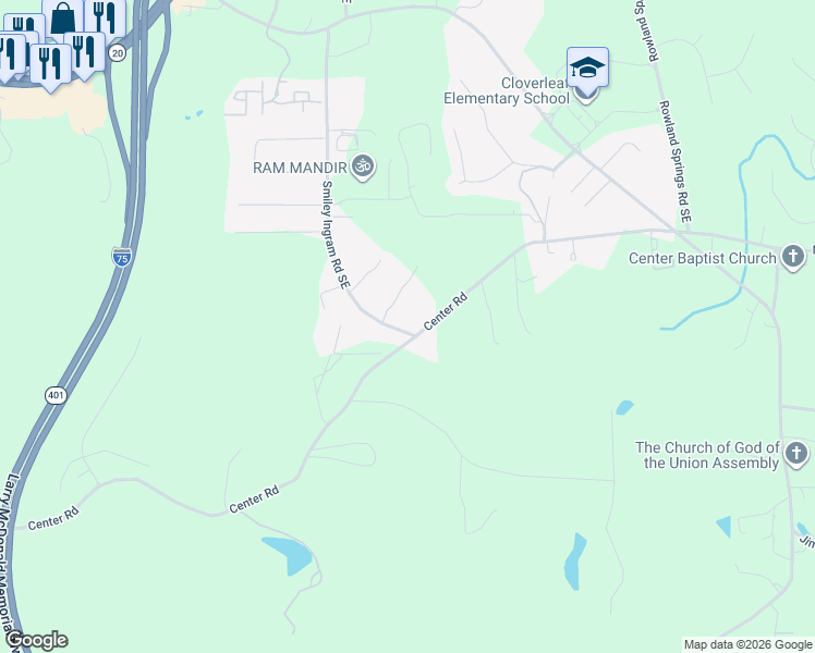 map of restaurants, bars, coffee shops, grocery stores, and more near 202 Smiley Ingram Road Southeast in Cartersville