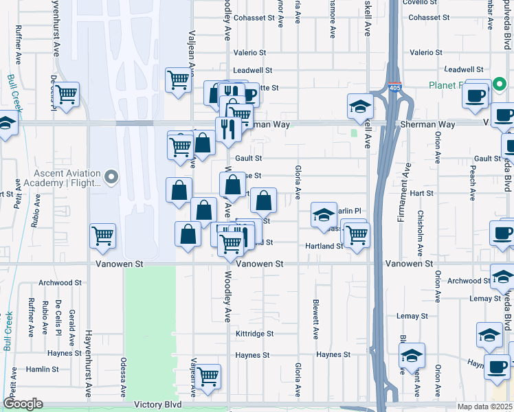 map of restaurants, bars, coffee shops, grocery stores, and more near 6928 Gaviota Avenue in Los Angeles