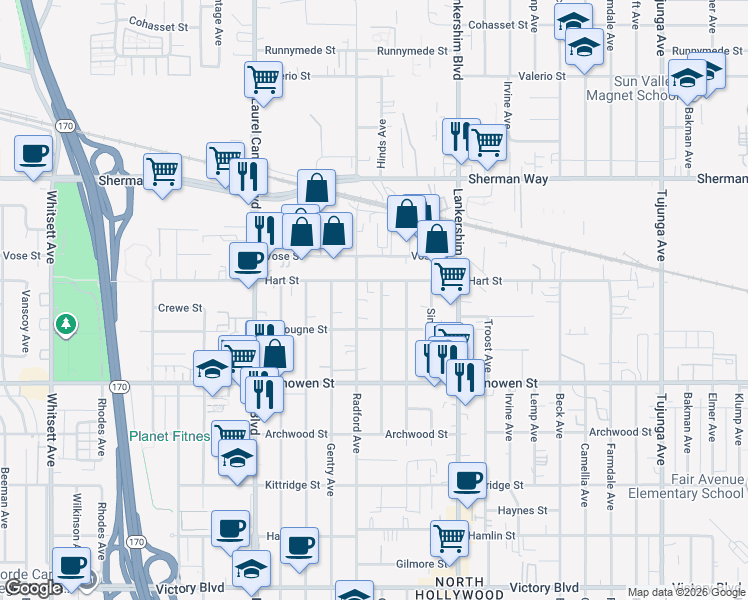 map of restaurants, bars, coffee shops, grocery stores, and more near 6935 Hinds Avenue in Los Angeles
