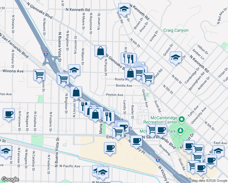 map of restaurants, bars, coffee shops, grocery stores, and more near 2021 Peyton Avenue in Burbank